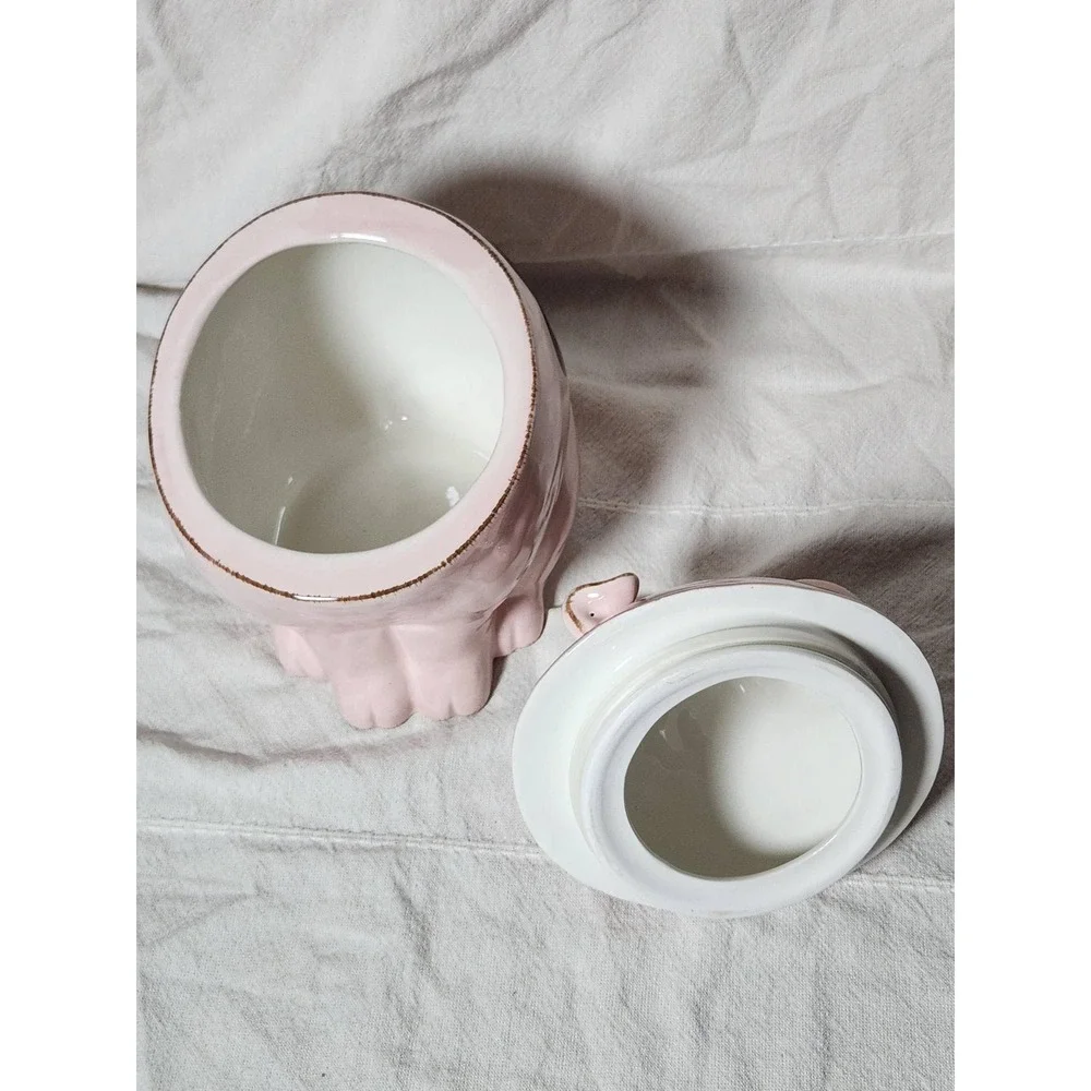 Pink Ceramic Pig Cookie Jar Hand Painted Spotted Farmhouse Kitchen Decor 9.5in